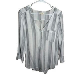 Como Blu Blouse Women's Large V-Neck Striped Sheer 3/4 Sleeve Pocket Top
